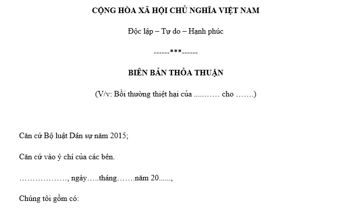 mẫu biên bản bồi thường thiệt hại